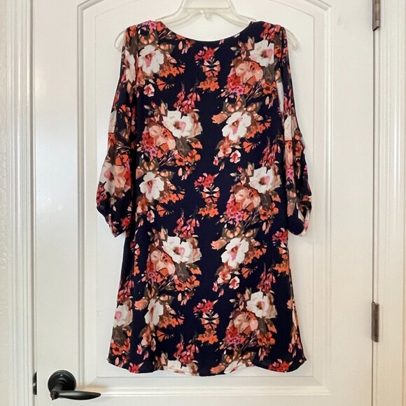 New Lulus Dress Shifting Dears XS Blue Pink Multi Floral Cold Shoulder - Picture 4 of 7